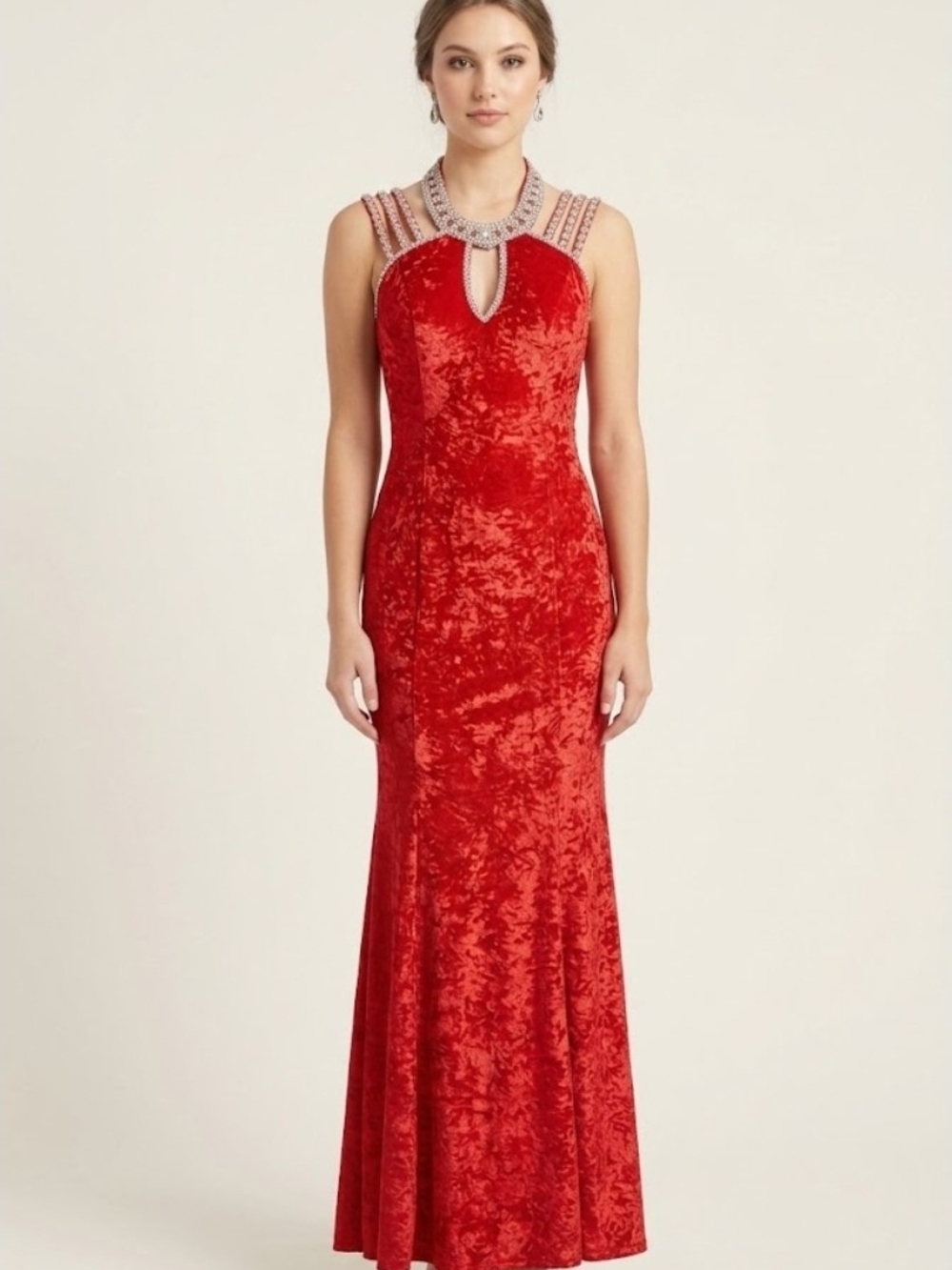 Red Velvet Embellished Halter Evening Gown